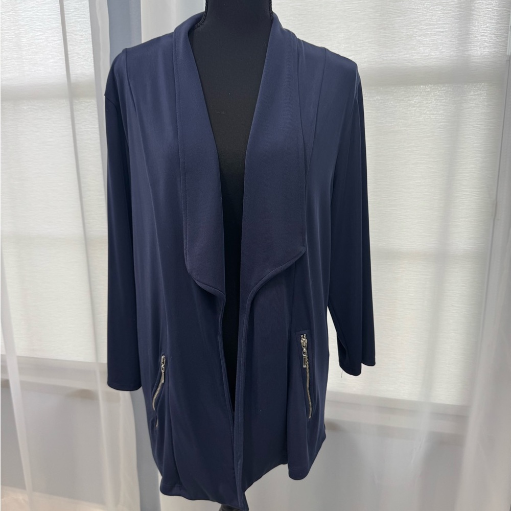 Chico’s Navy Open Front Cardigan with Zipper Pockets